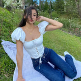 Square Neck Lace-up Pleated Blouse